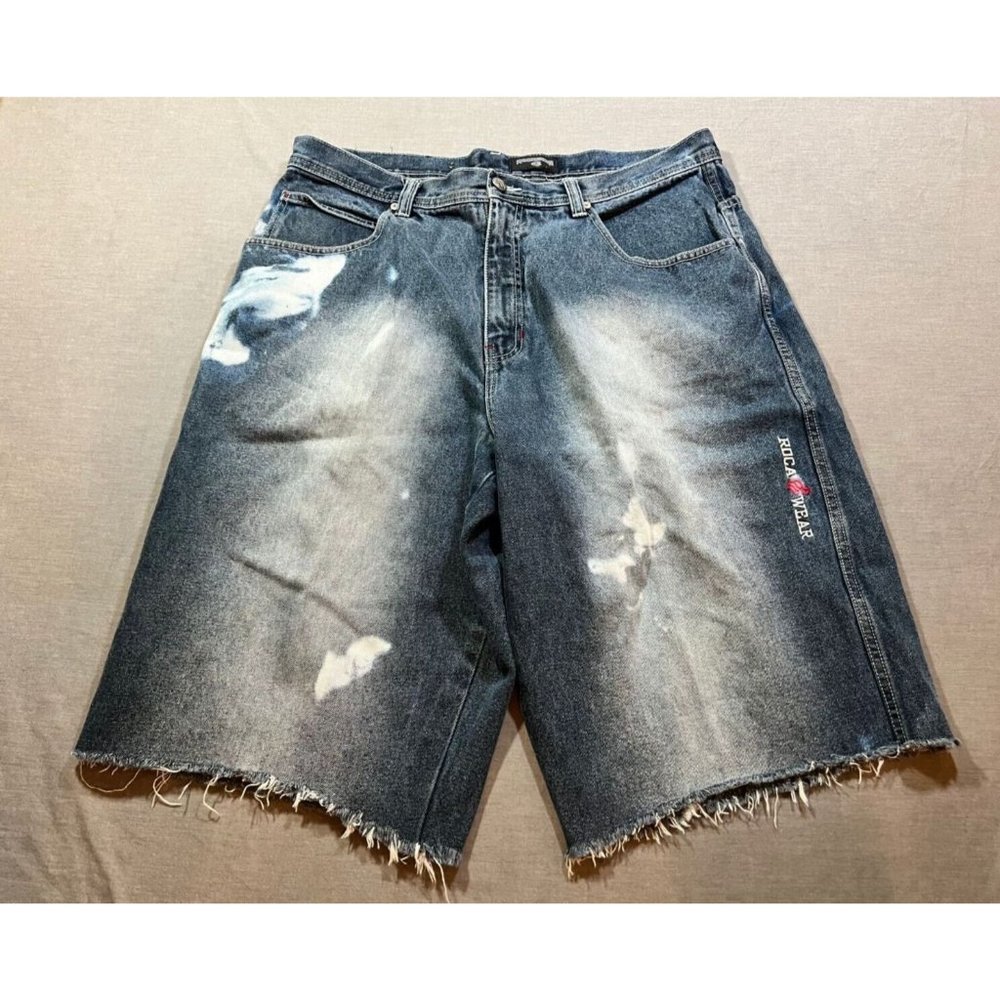 Rocawear Shorts Mens 38 Blue Denim Pocketed Belted Zip Button Cut Off Men.‎